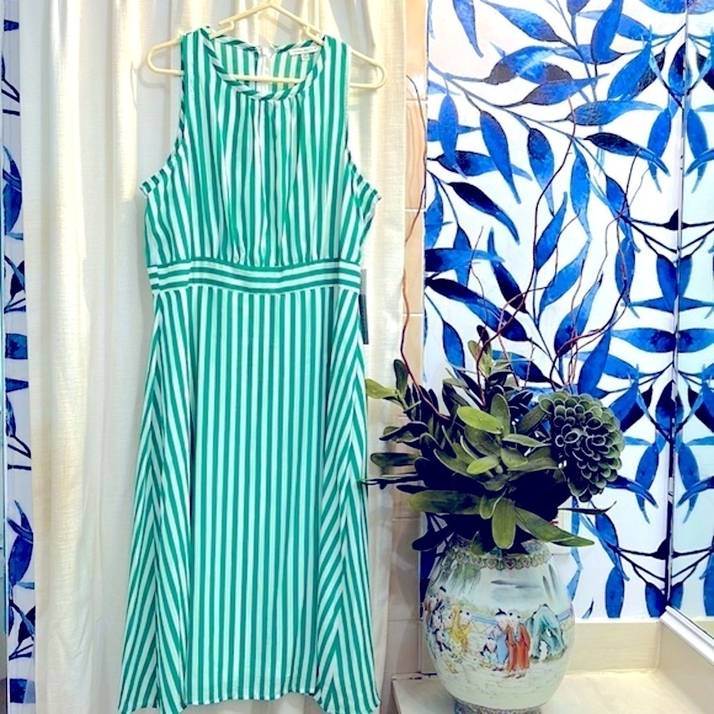NWT Women’s Tash + Sophie Anthropologie Green & White Striped Midi Dress Size 12 - Picture 2 of 16